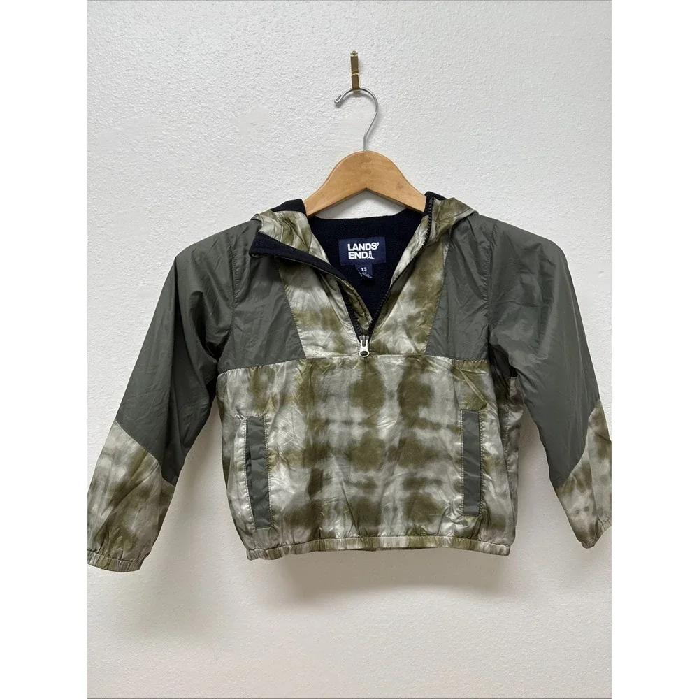 Lands' End Kids XS 4-5 Hooded‎ Windbreaker Jacket Green Tie Dye Fleece Lined